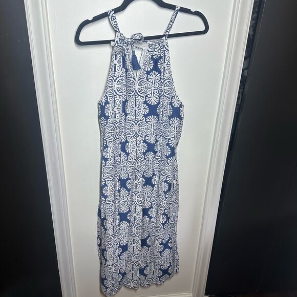 Vineyard Vines Women's Blue Mirrored Leaves Trapeze Tassel Halter Dress Size 4 - Picture 4 of 10